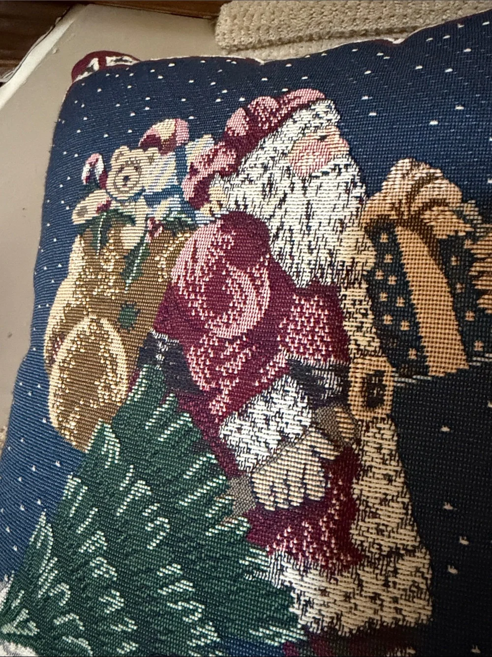 Festive Santa Needlepoint Holiday Pillow - Blue and Burgundy